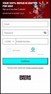 Interface mobile de Manga Casino sur smartphone